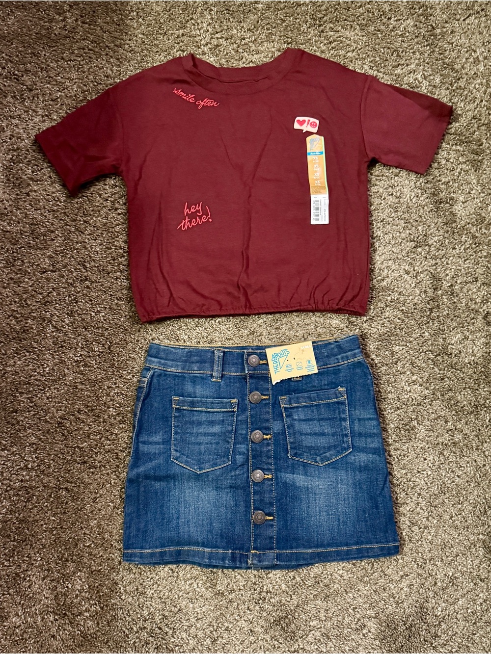 Kids Matching Set - Maroon Top & Denim Skirt Size 6X